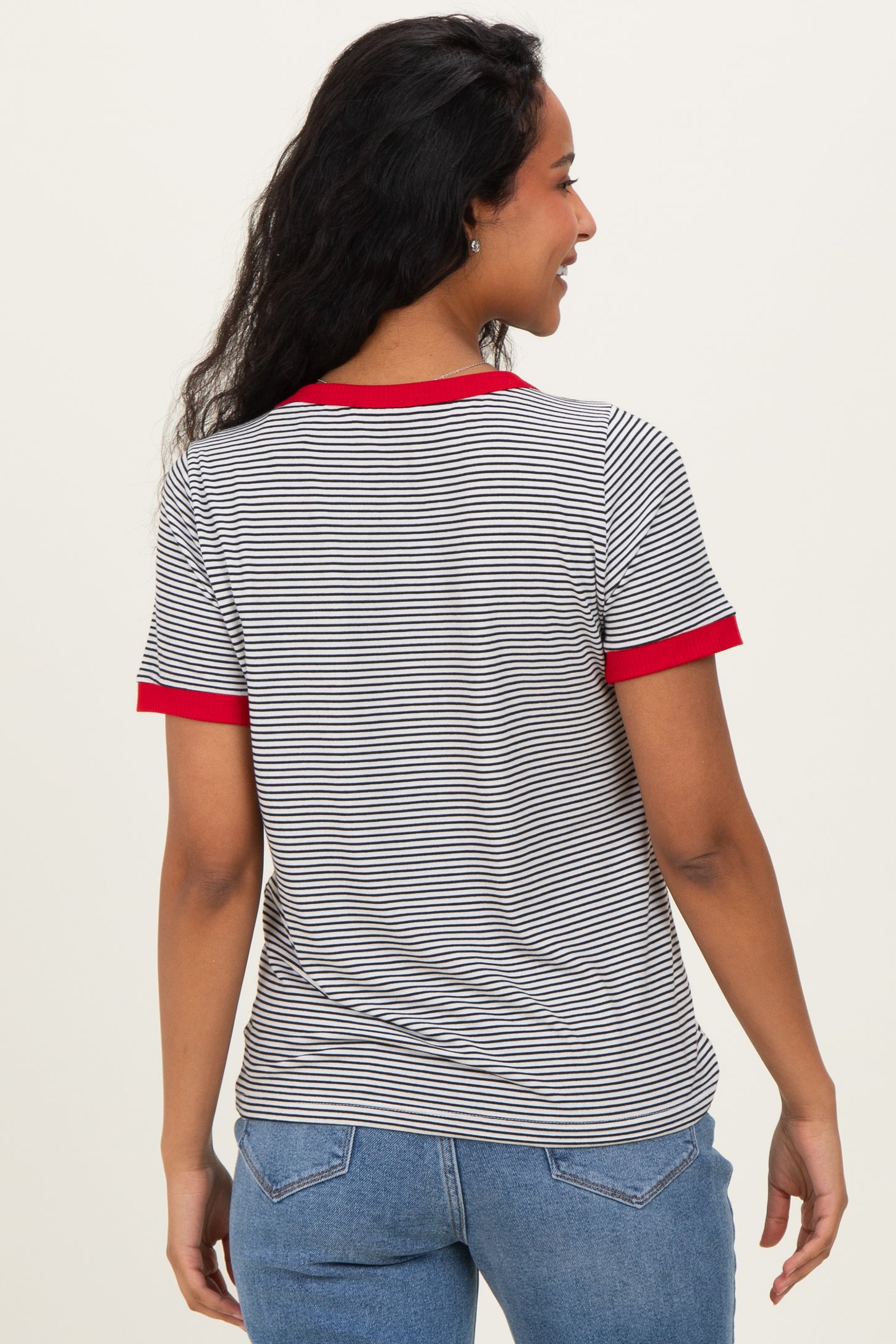 Ivory Red Trimmed Striped Maternity Top
