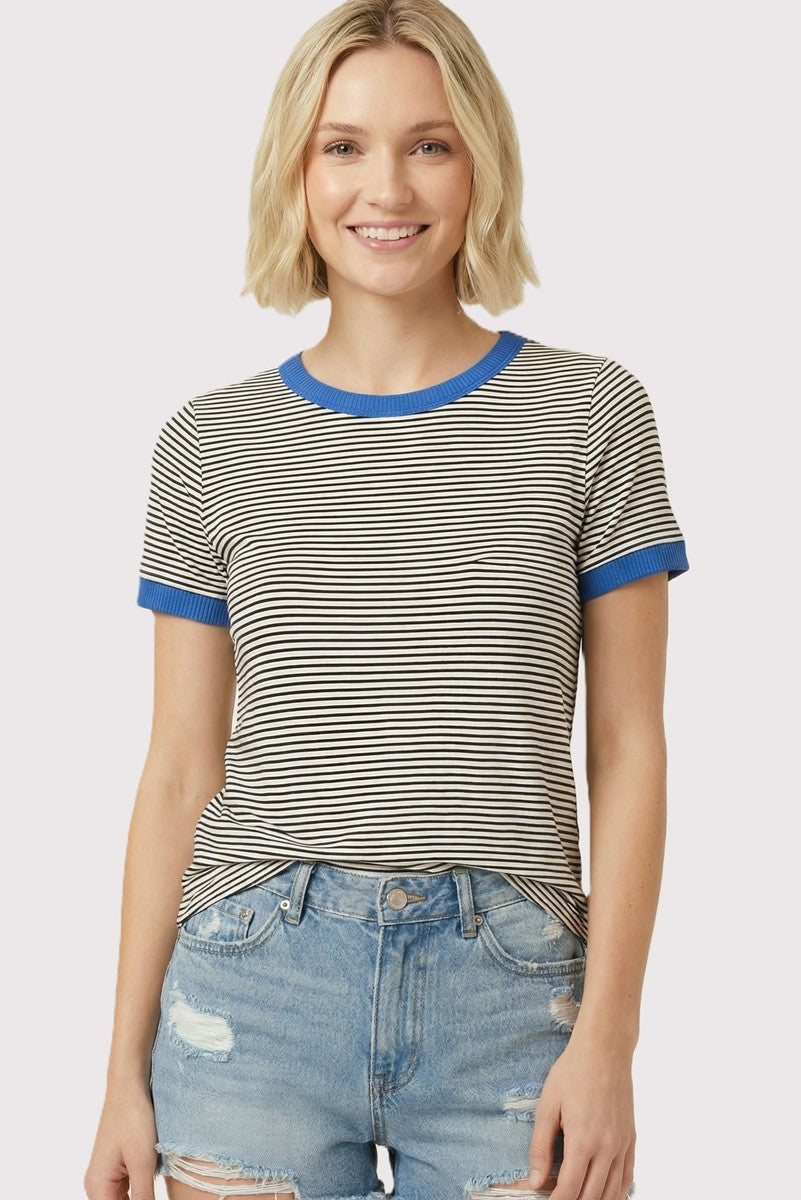 Ivory Blue Trimmed Striped Maternity Top