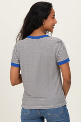 Ivory Blue Trimmed Striped Maternity Top