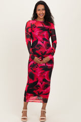 Red Abstract Print Mesh Overlay Maternity Maxi Dress