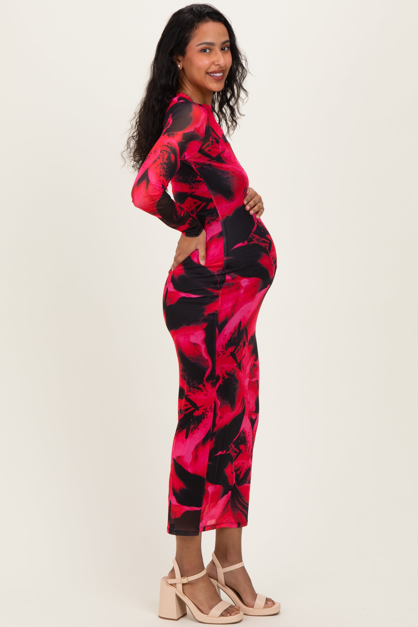 Red Abstract Print Mesh Overlay Maternity Maxi Dress
