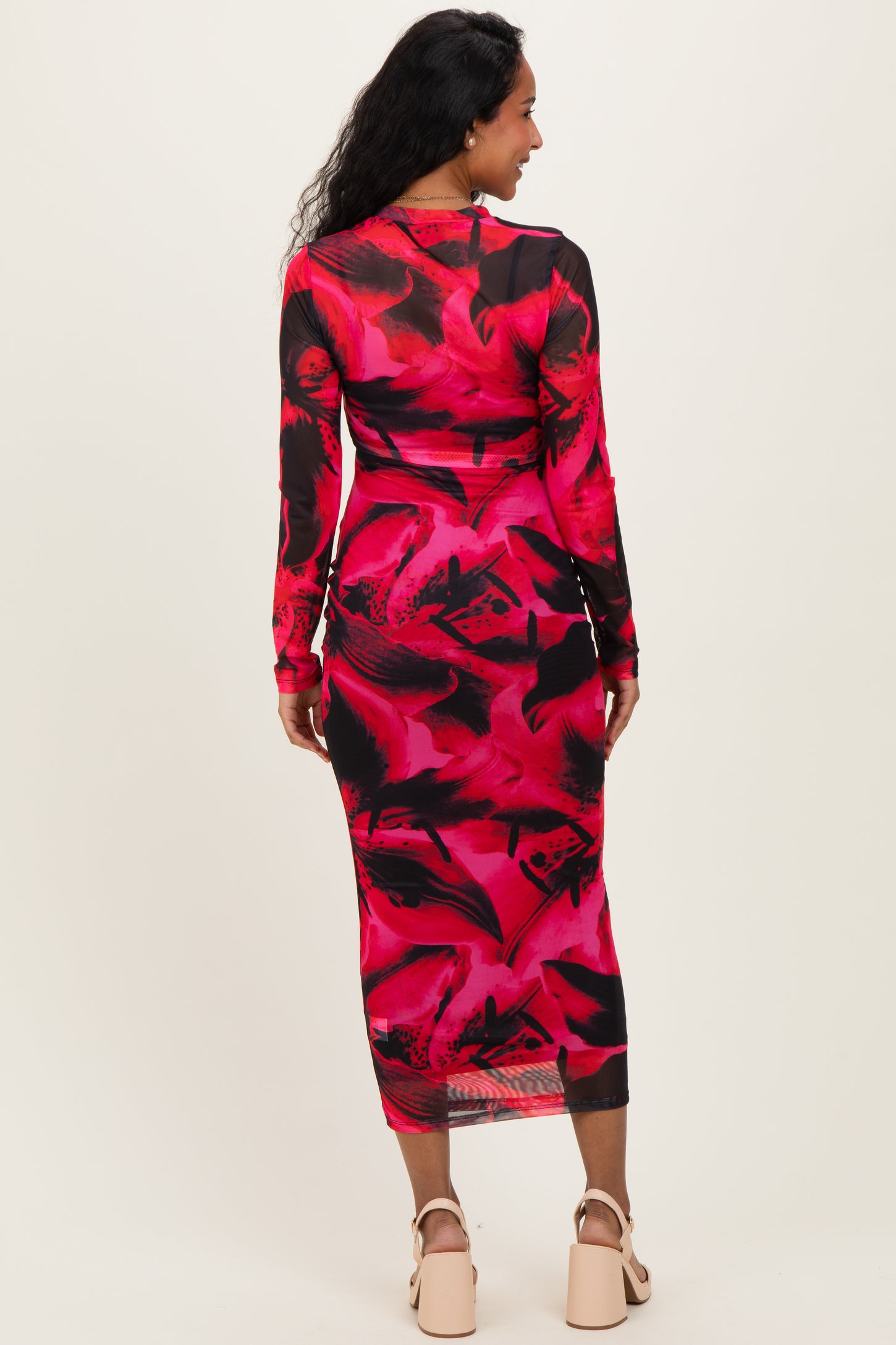 Red Abstract Print Mesh Overlay Maternity Maxi Dress