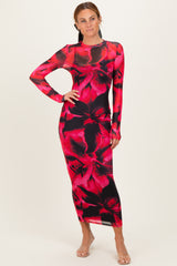 Red Abstract Print Mesh Overlay Maxi Dress