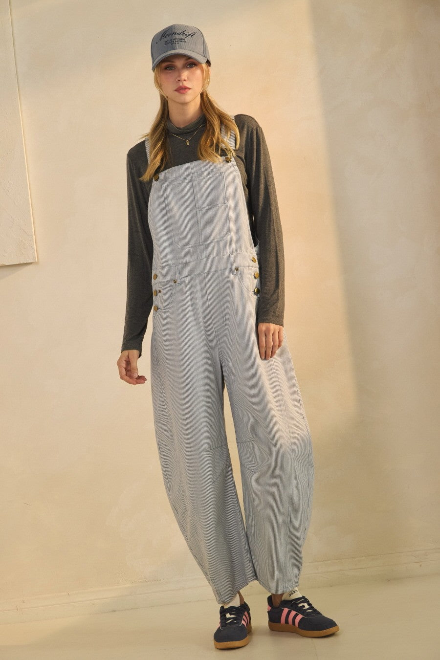 Blue Pinstriped Barrel-Leg Overalls