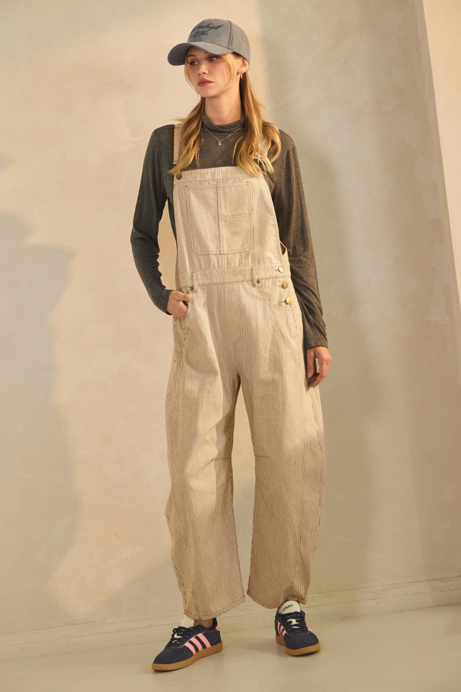 Taupe Pinstriped Barrel-Leg Maternity Overalls