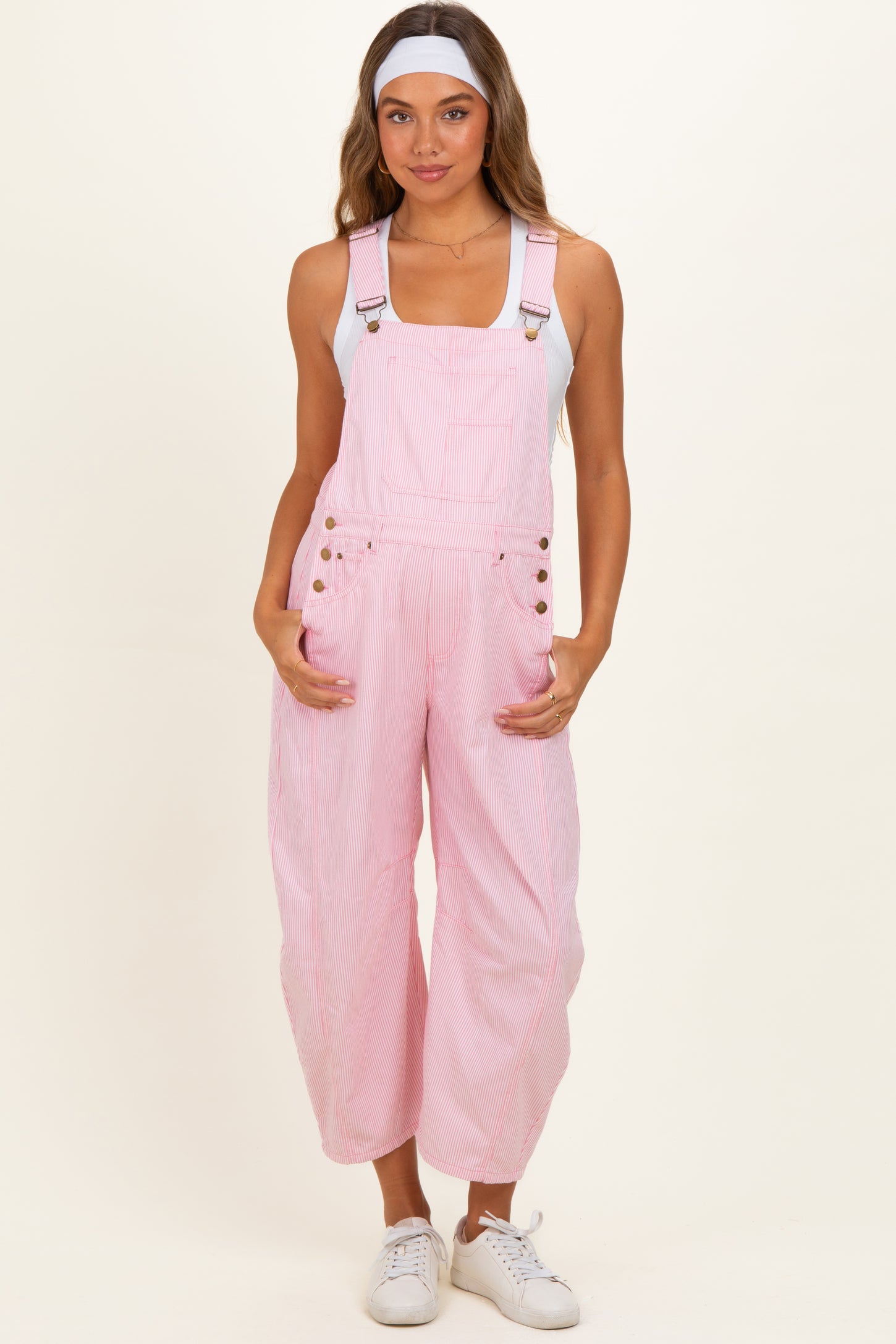 Pink Pinstriped Barrel-Leg Maternity Overalls