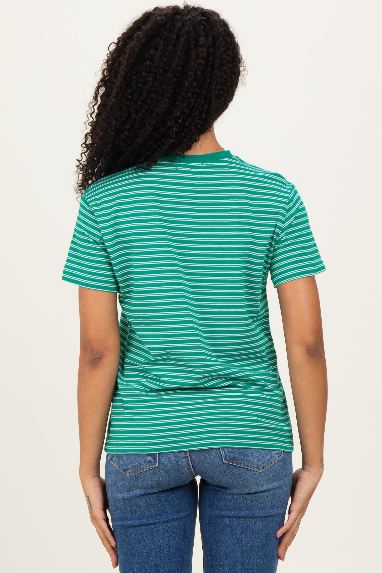 Green/White Short Sleeve Round Neck Stripe Tee