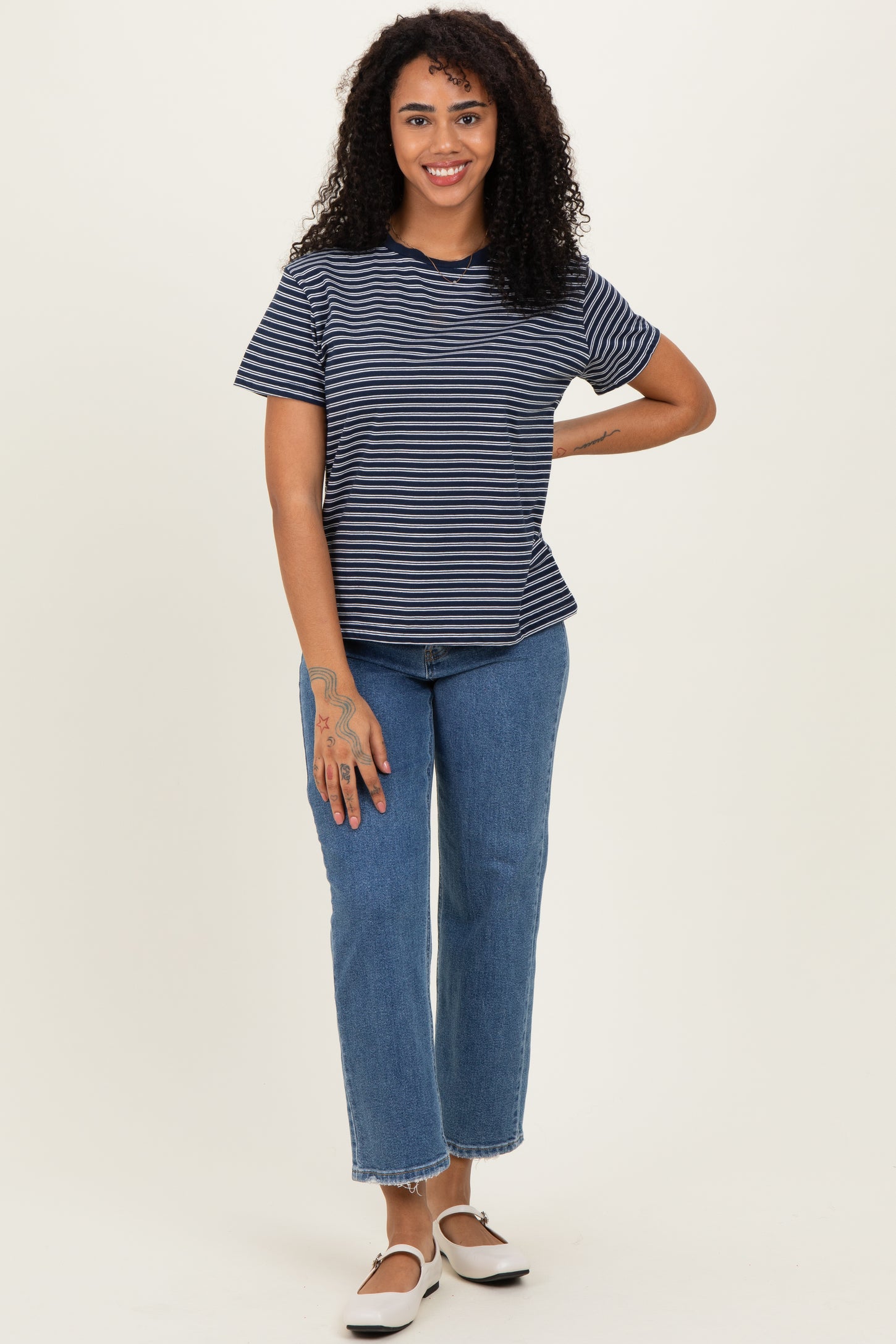 Navy/White Short Sleeve Round Neck Stripe Tee