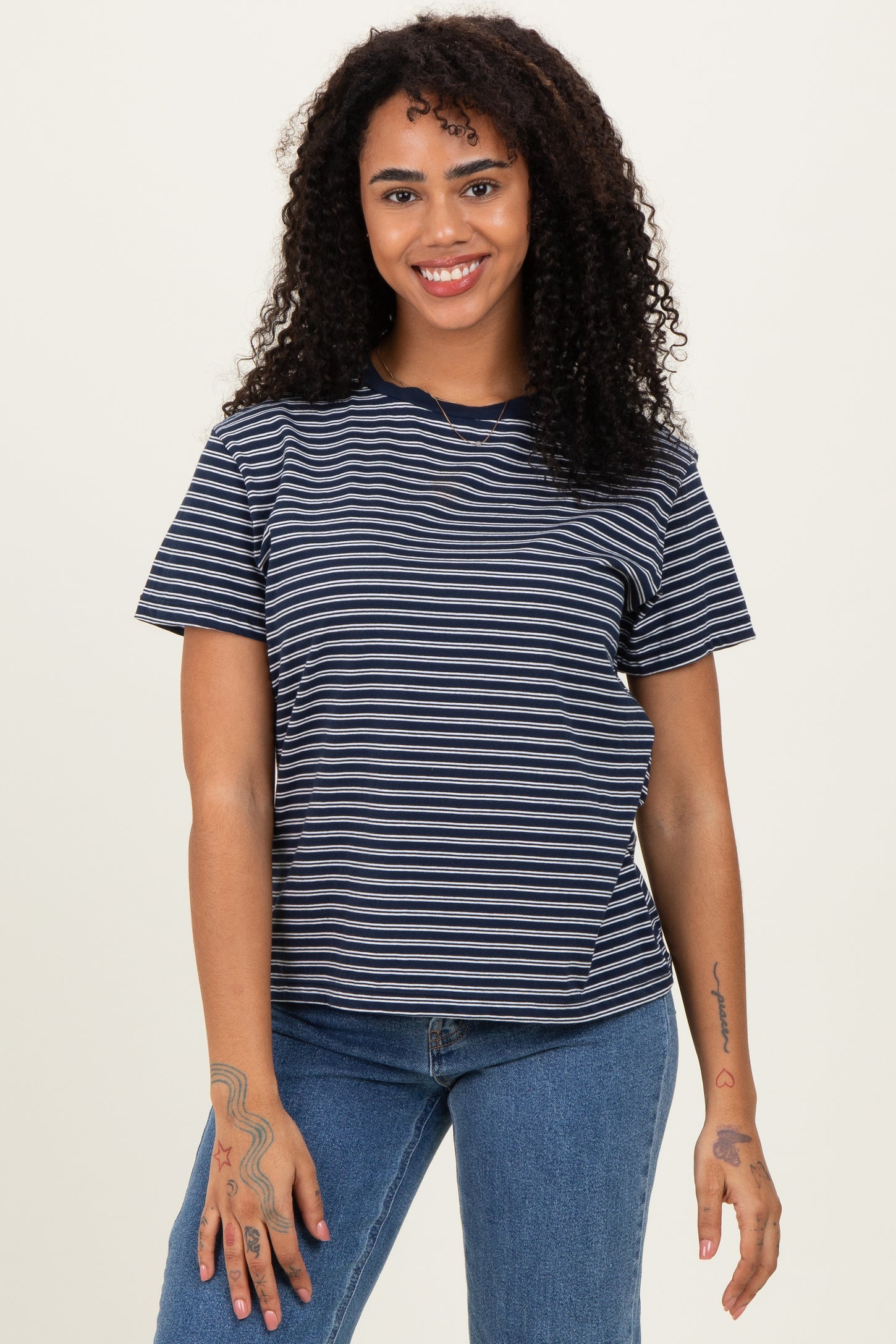 Navy/White Short Sleeve Round Neck Stripe Tee