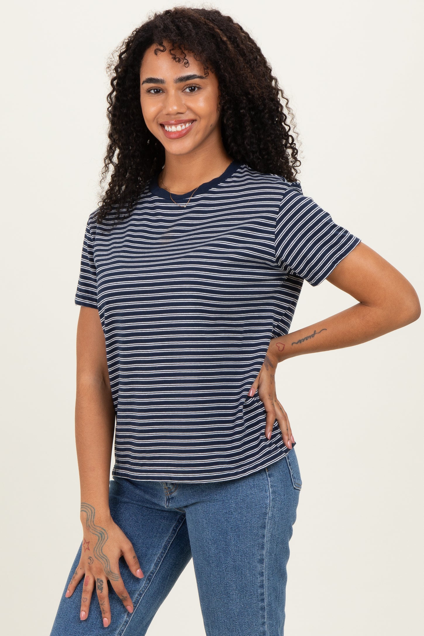 Navy/White Short Sleeve Round Neck Stripe Tee