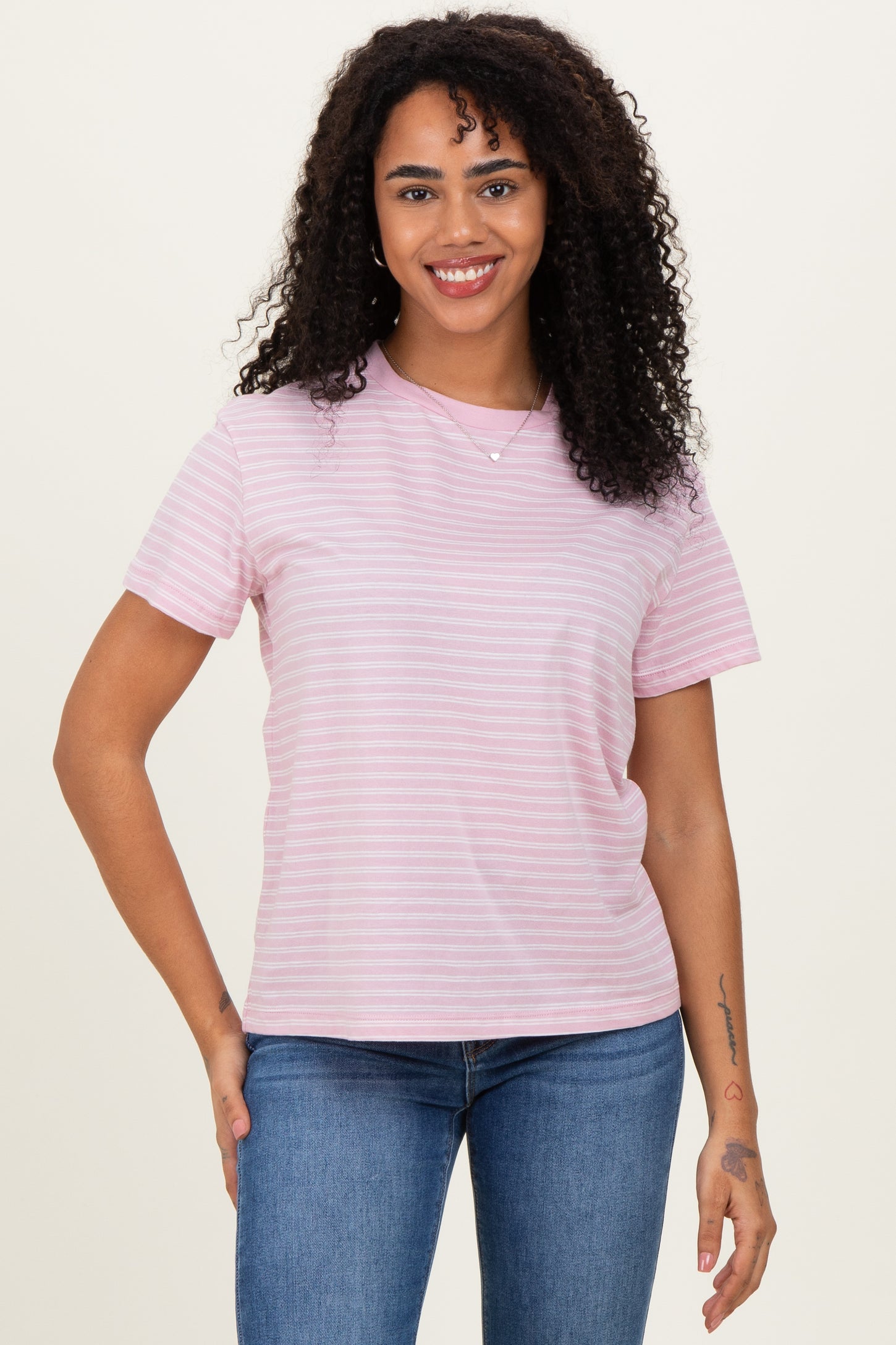 Pink/White Short Sleeve Round Neck Stripe Maternity Tee