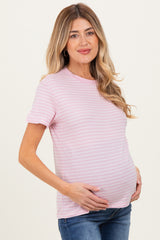 Pink/White Short Sleeve Round Neck Stripe Maternity Tee