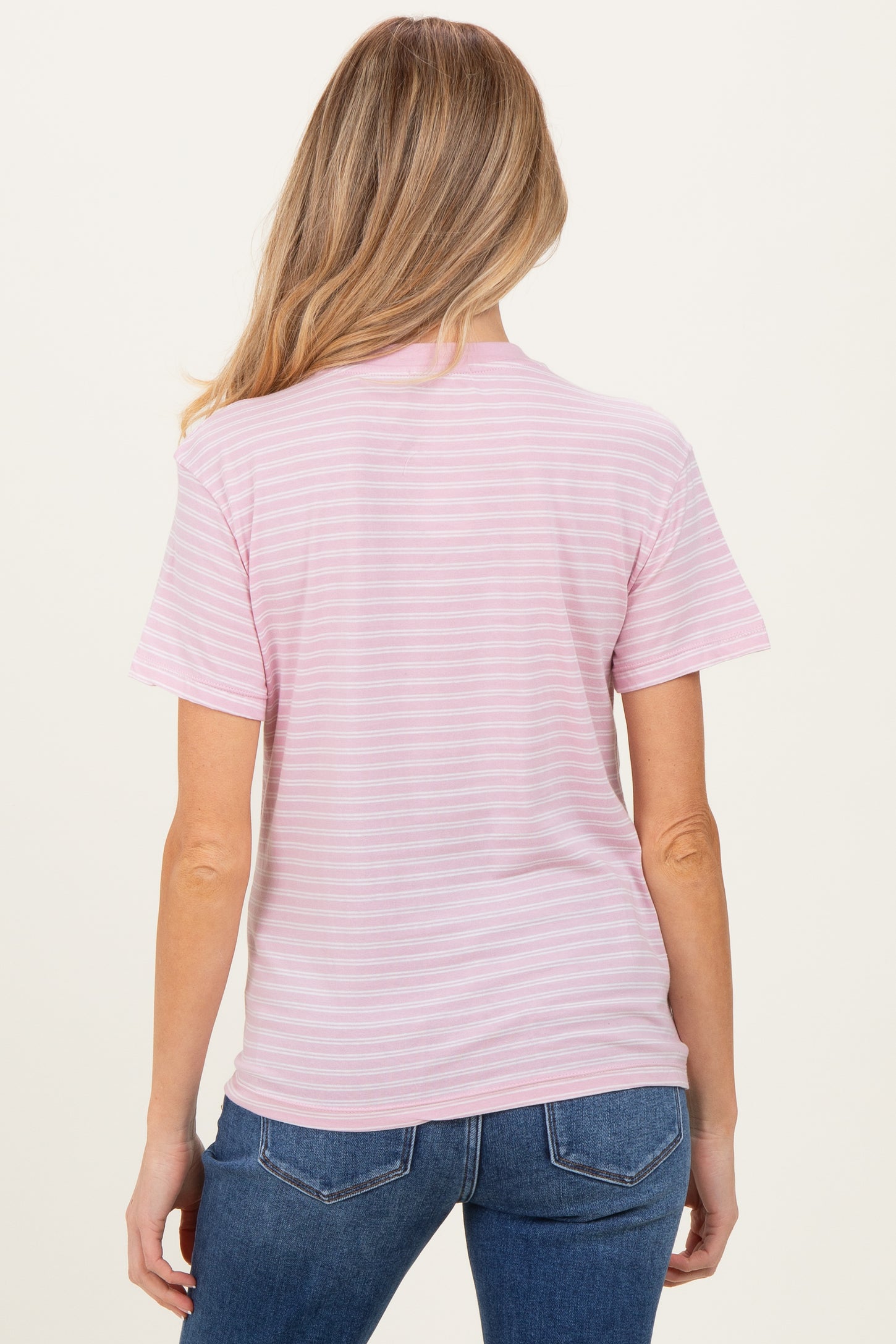 Pink/White Short Sleeve Round Neck Stripe Maternity Tee