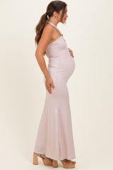 Blush Metal Trim Halter Maternity Maxi Dress