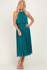 Teal Pleated Woven Maternity Midi Dress