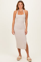 Beige Open Back Bodycon Dress