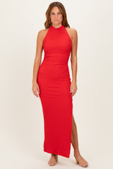 Red Halter Neck Open Back Maternity Maxi Dress