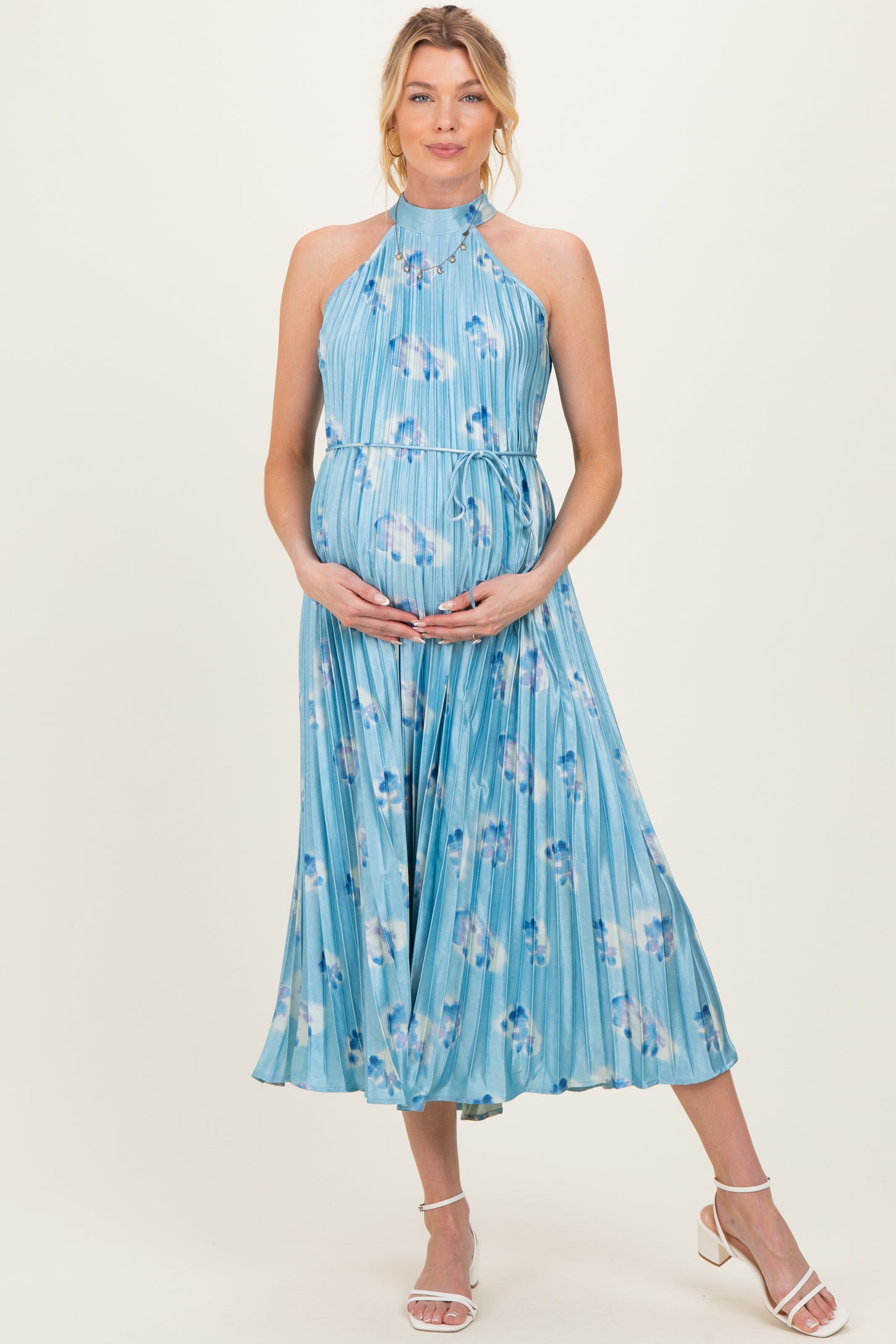 Light Blue Floral Pleated Halter Maternity Midi Dress