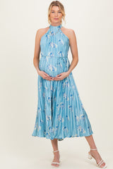 Light Blue Floral Pleated Halter Maternity Midi Dress