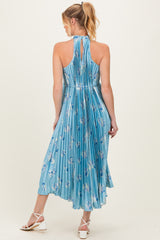 Light Blue Floral Pleated Halter Maternity Midi Dress