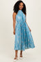 Light Blue Floral Pleated Halter Midi Dress