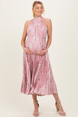 Light Pink  Floral Pleated Halter Maternity Midi Dress