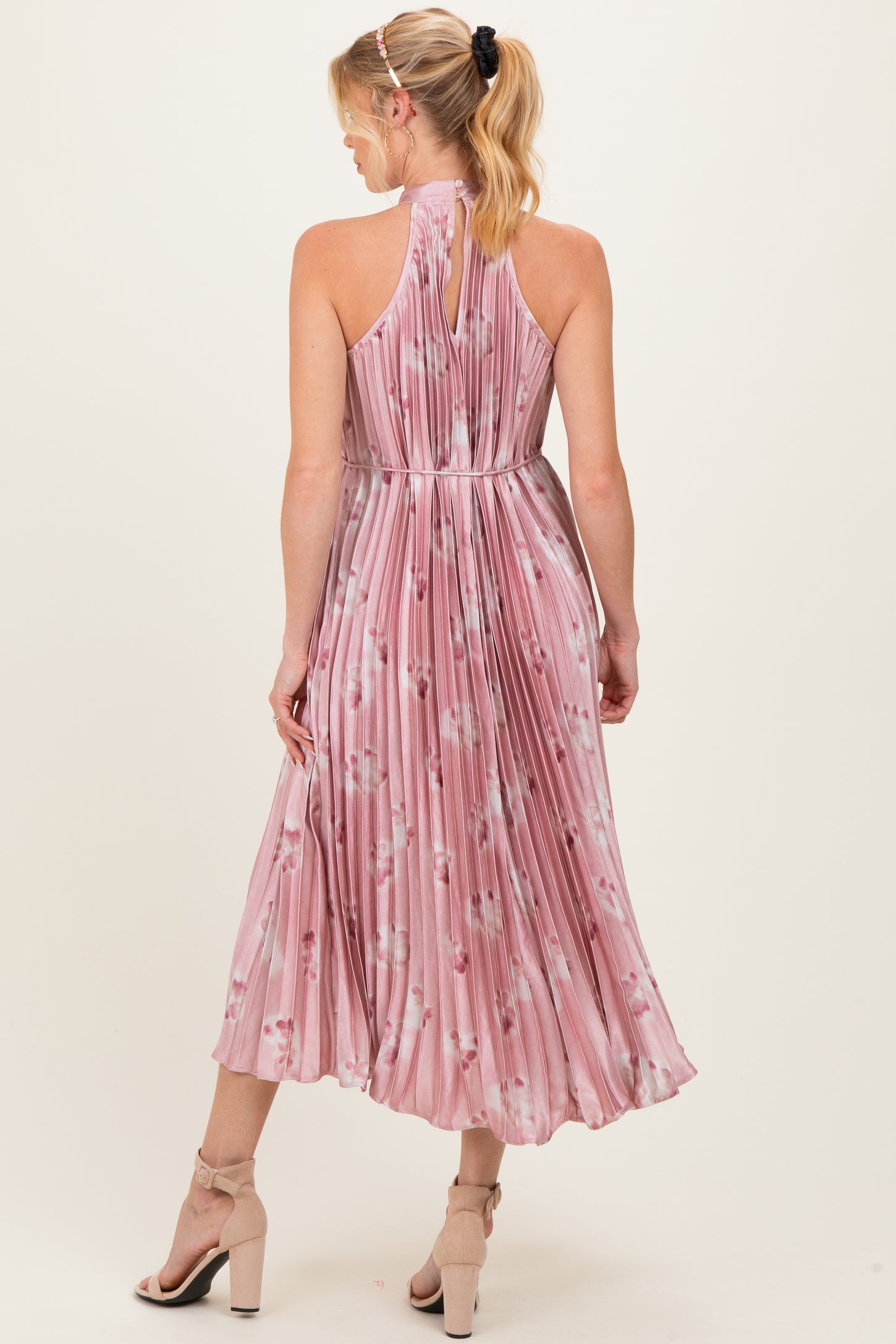 Light Pink  Floral Pleated Halter Maternity Midi Dress