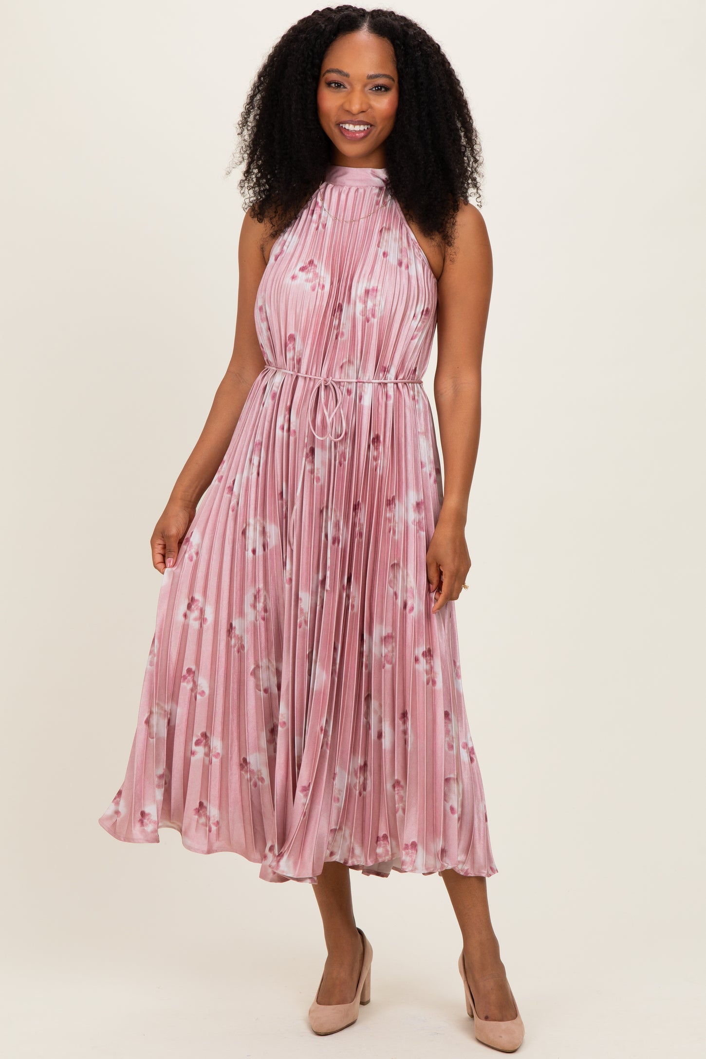 Light Pink  Floral Pleated Halter Maternity Midi Dress