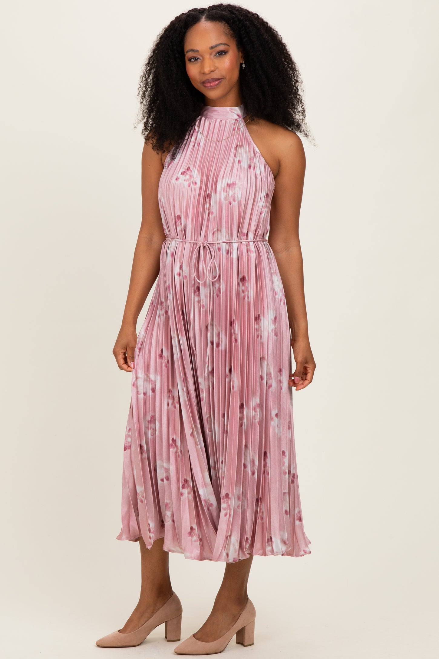 Light Pink  Floral Pleated Halter Midi Dress