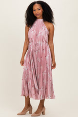 Light Pink  Floral Pleated Halter Midi Dress