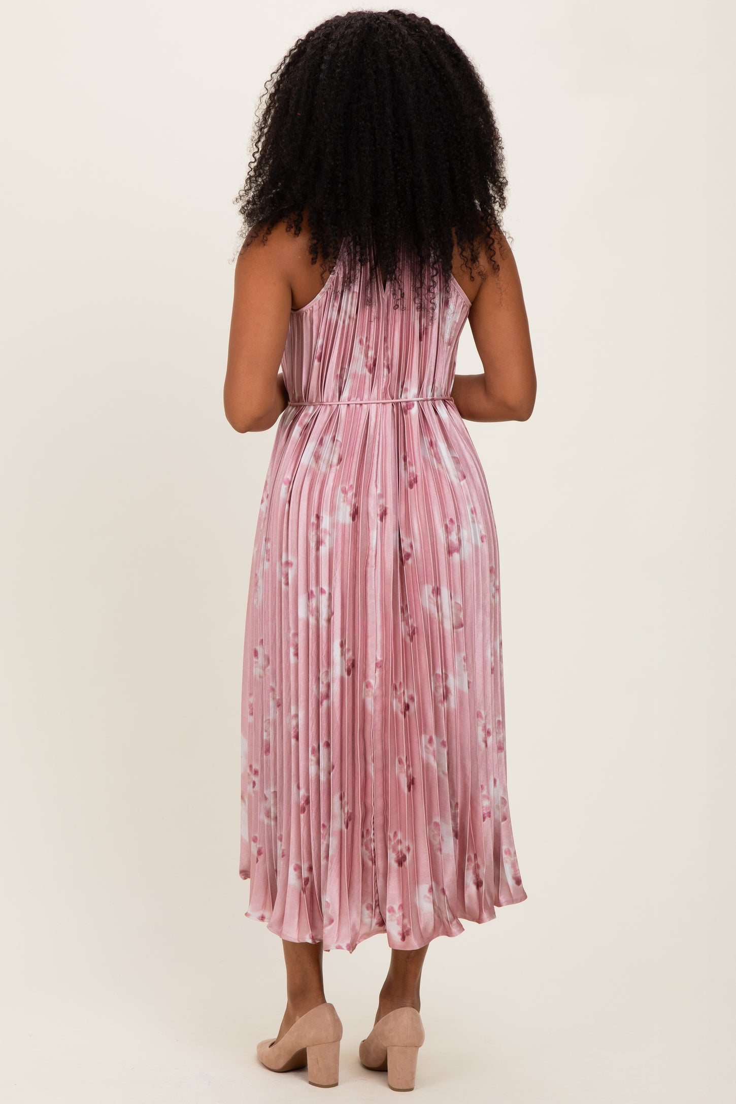 Light Pink  Floral Pleated Halter Midi Dress