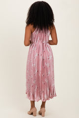 Light Pink  Floral Pleated Halter Midi Dress