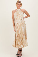 Yellow Floral Pleated Halter Maternity Midi Dress