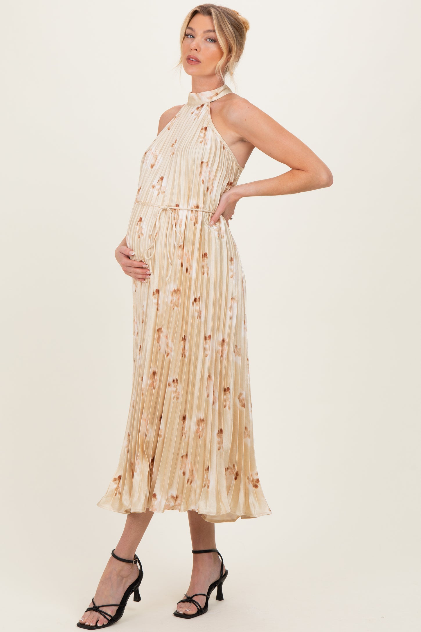 Yellow Floral Pleated Halter Maternity Midi Dress