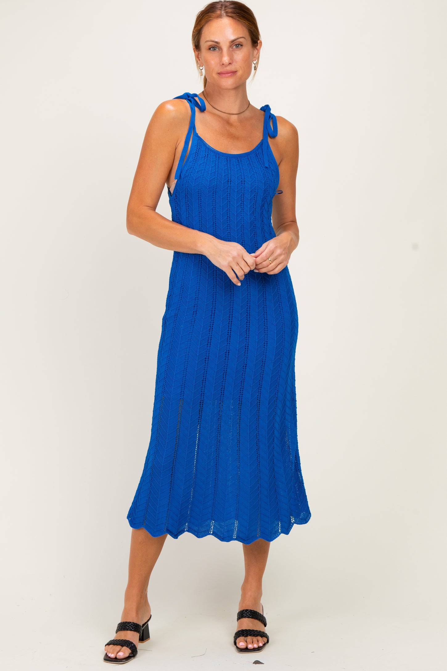 Blue Tied Shoulder Strap Maternity Midi Dress