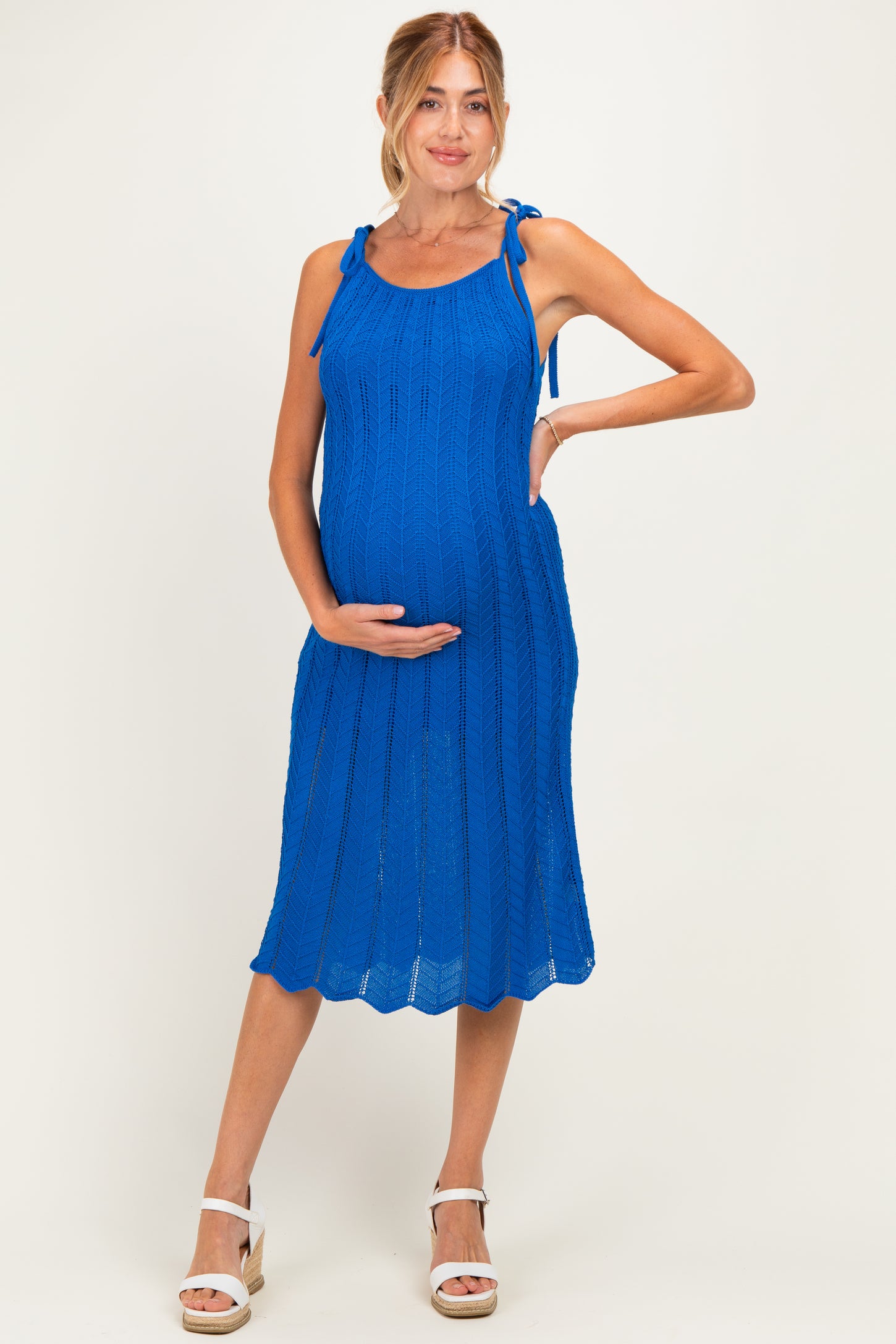 Blue Tied Shoulder Strap Maternity Midi Dress