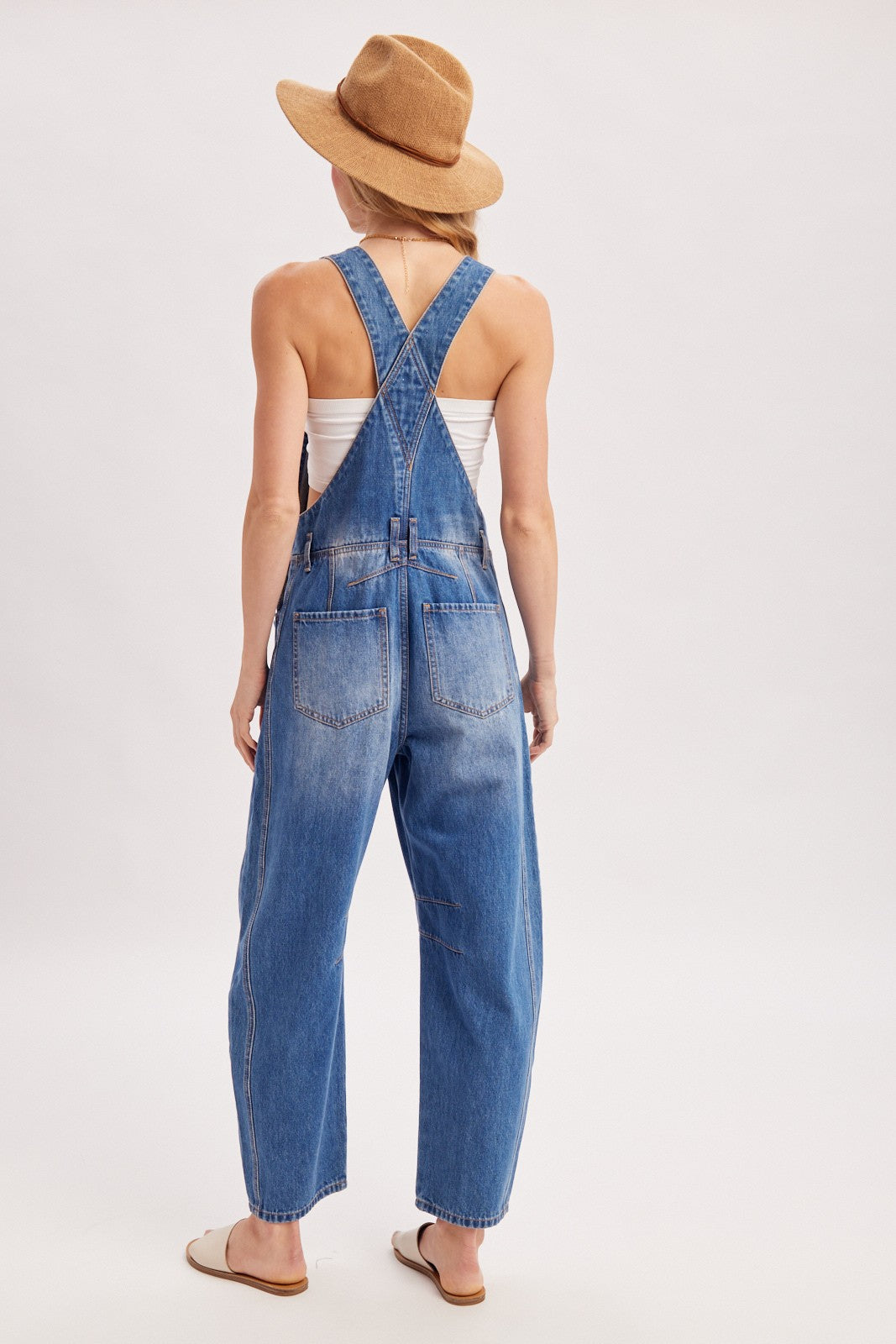 woman wearing blue denim overalls with a relaxed fit, back view, accessorized with a tan straw hat