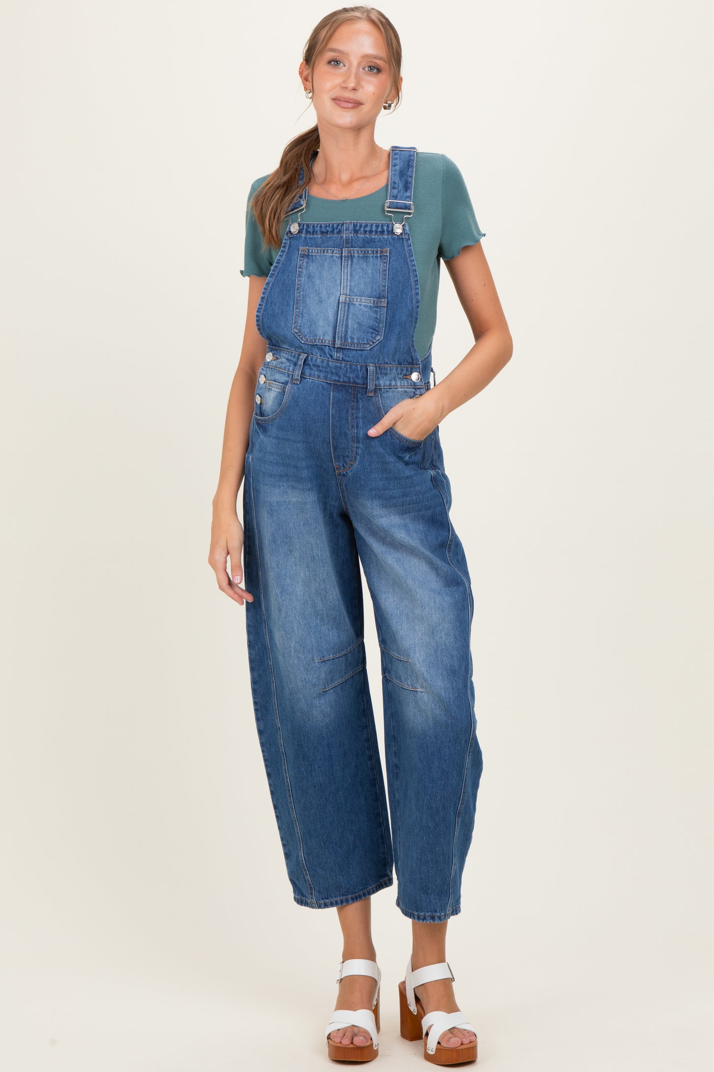 Medium Wash Denim Barrel Maternity Overalls