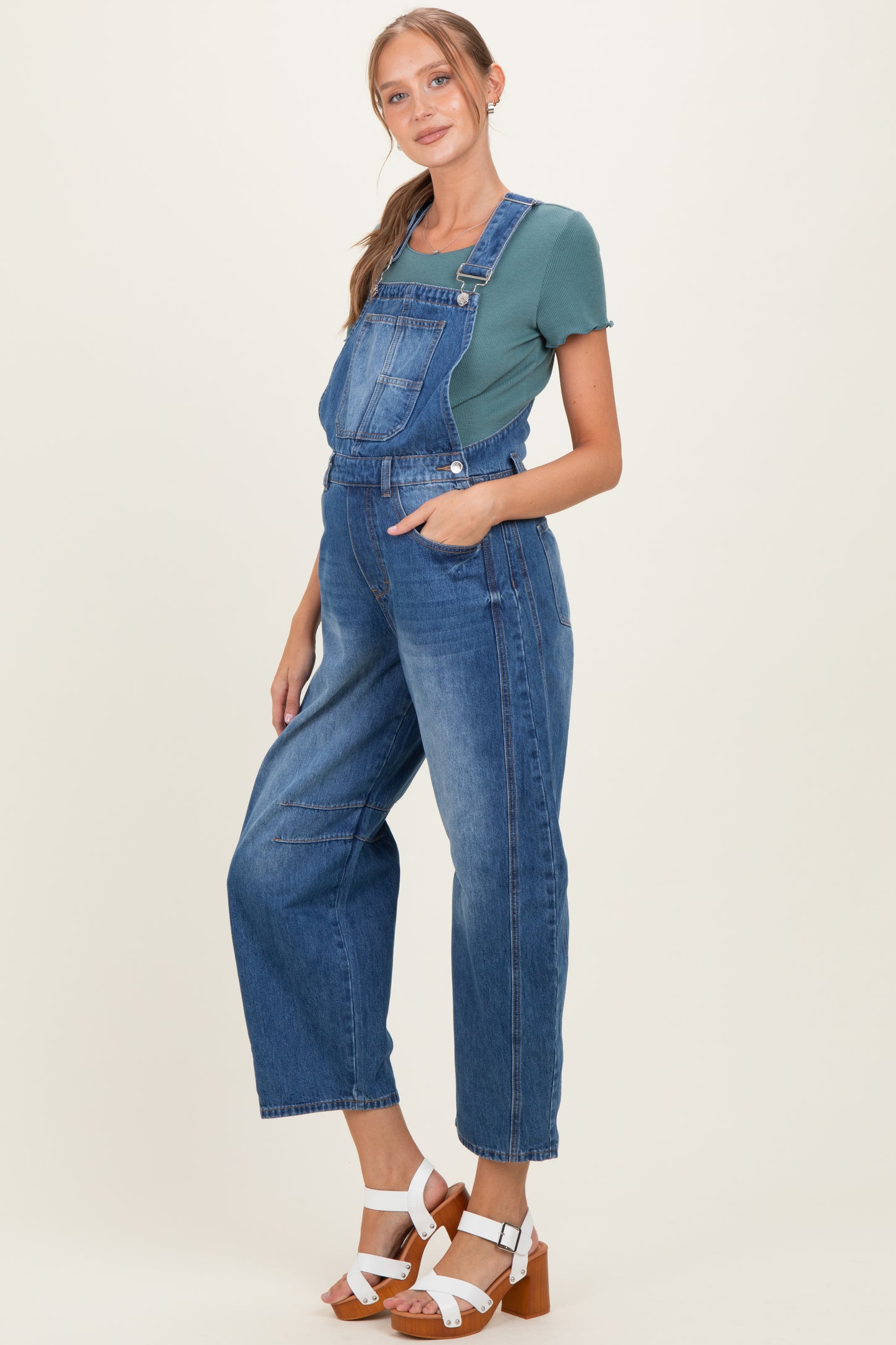 Medium Wash Denim Barrel Maternity Overalls