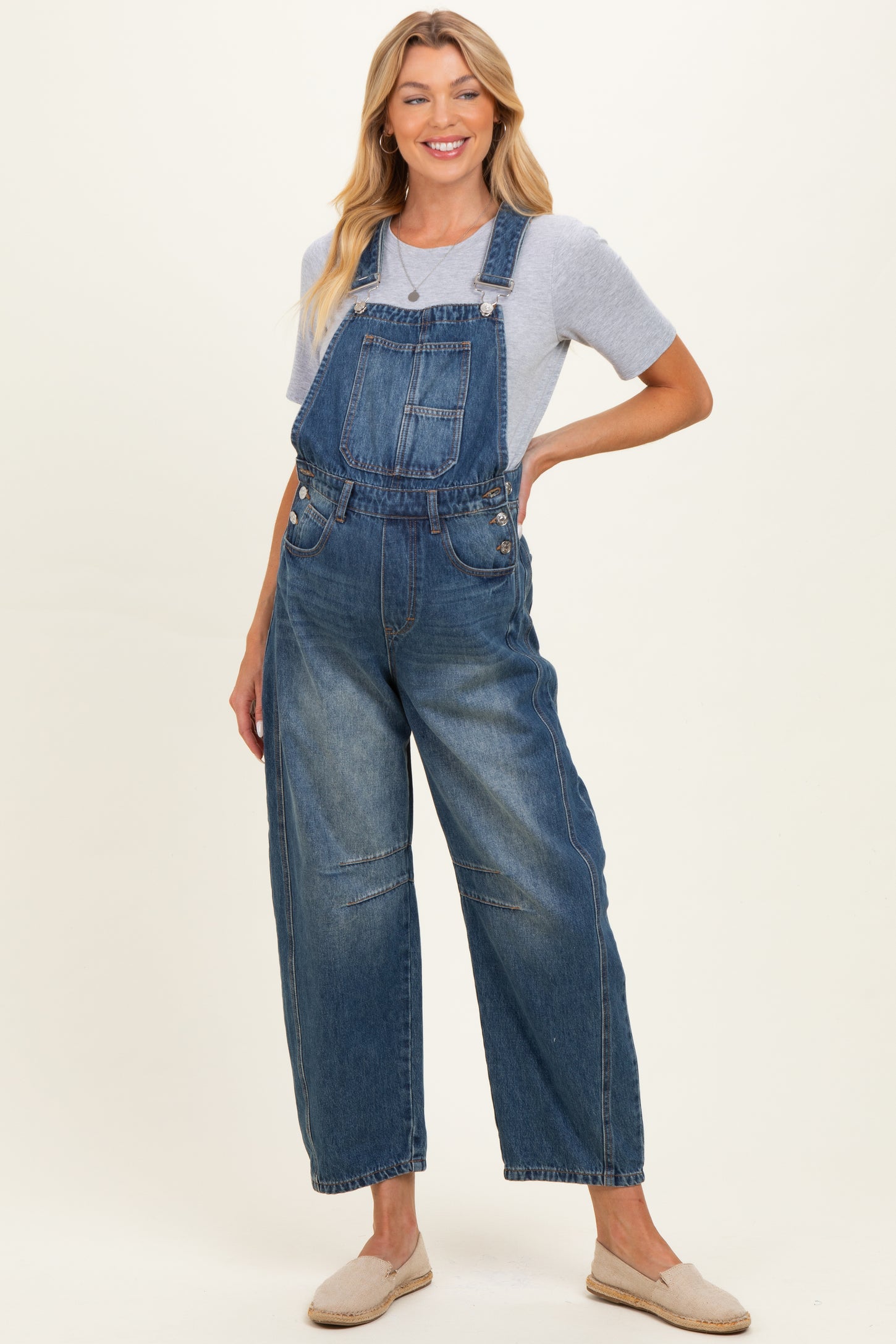 Dark Wash Denim Barrel Maternity Overalls