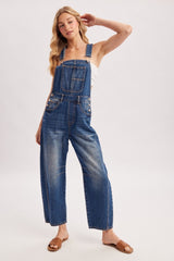 Dark Wash Denim Barrel Overalls