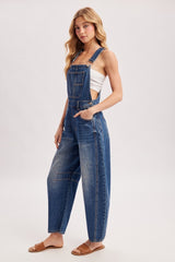 Dark Wash Denim Barrel Overalls
