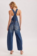 Dark Wash Denim Barrel Overalls