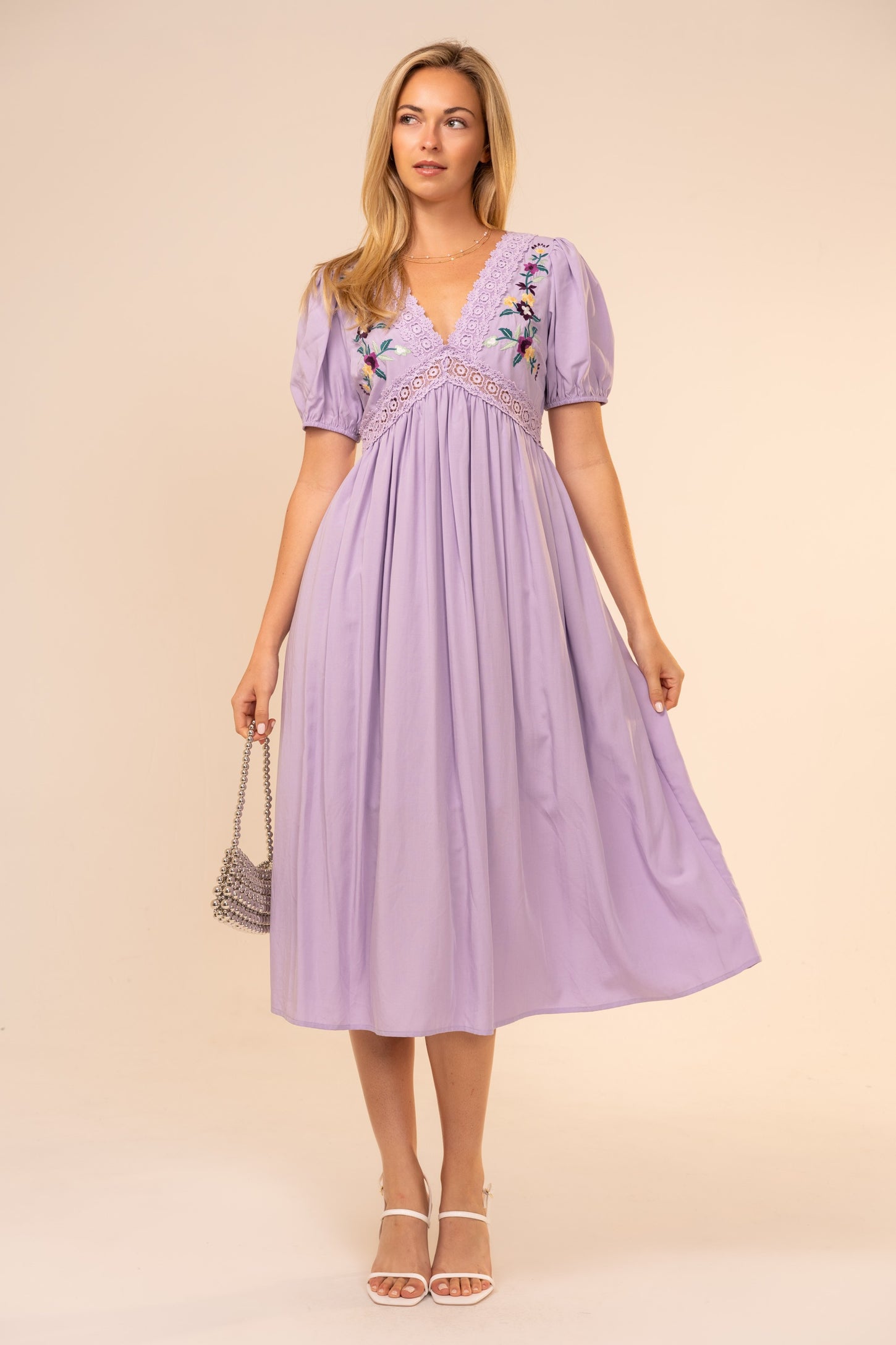 Lavender Puff Sleeve Embroidered Midi Dress