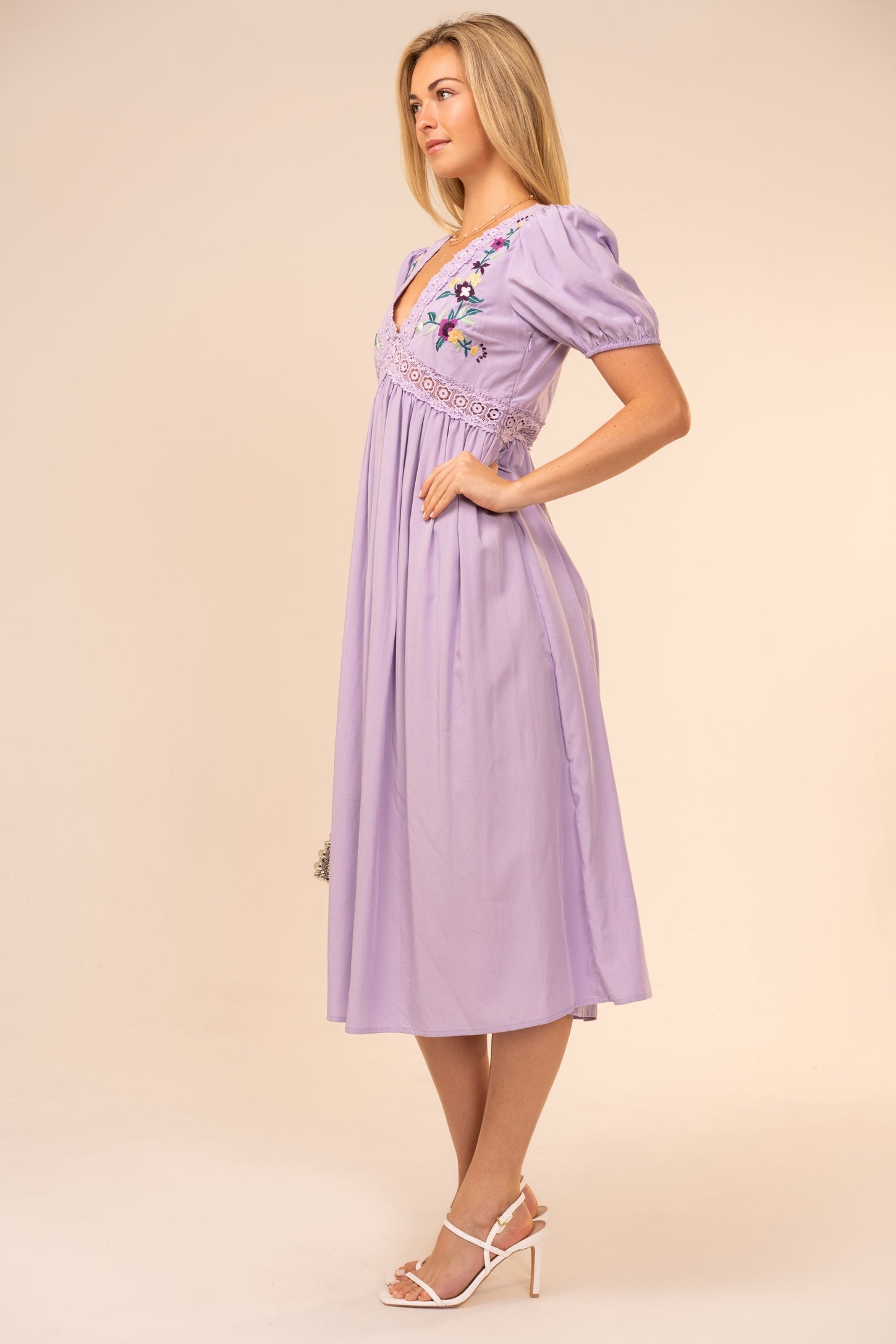 Lavender Puff Sleeve Embroidered Midi Dress