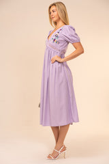 Lavender Puff Sleeve Embroidered Midi Dress