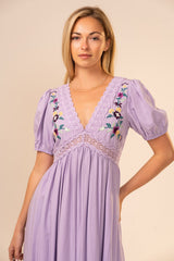Lavender Puff Sleeve Embroidered Midi Dress