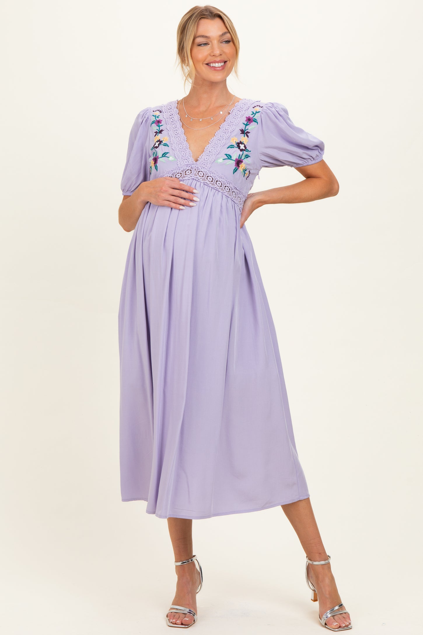 Lavender Puff Sleeve Embroidered Maternity Midi Dress