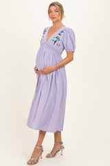 Lavender Puff Sleeve Embroidered Maternity Midi Dress