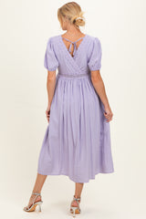 Lavender Puff Sleeve Embroidered Maternity Midi Dress